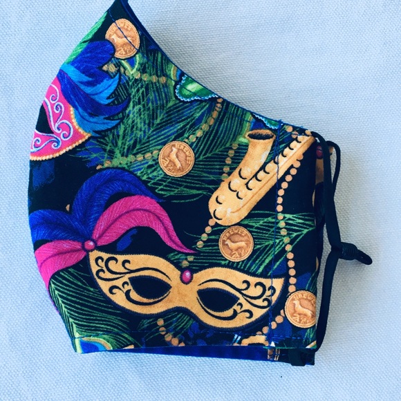 Hand Crafted Accessories - HAND CRAFTED FACE MASK GREENS GOLD BLUE MARDI GRAS